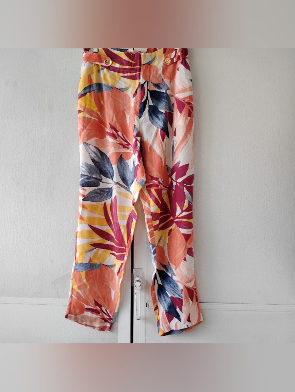 Tricomix Summer Print Leg Pants — Coral, Mustard & White